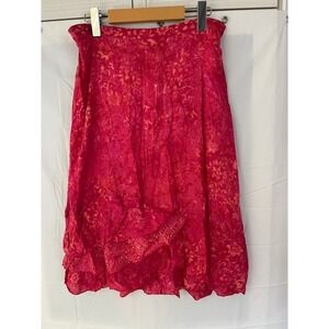 Nomadic Traders Pink Orange Floral Batik Crinkle Ruffle Midi Skirt Womens Medium